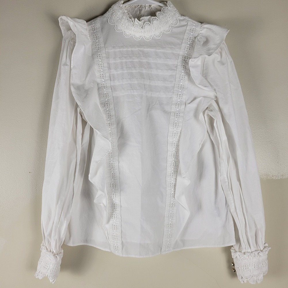 Ted Baker London White Lace Ruffle Victorian Blouse Pintuck Pleat Top US 8